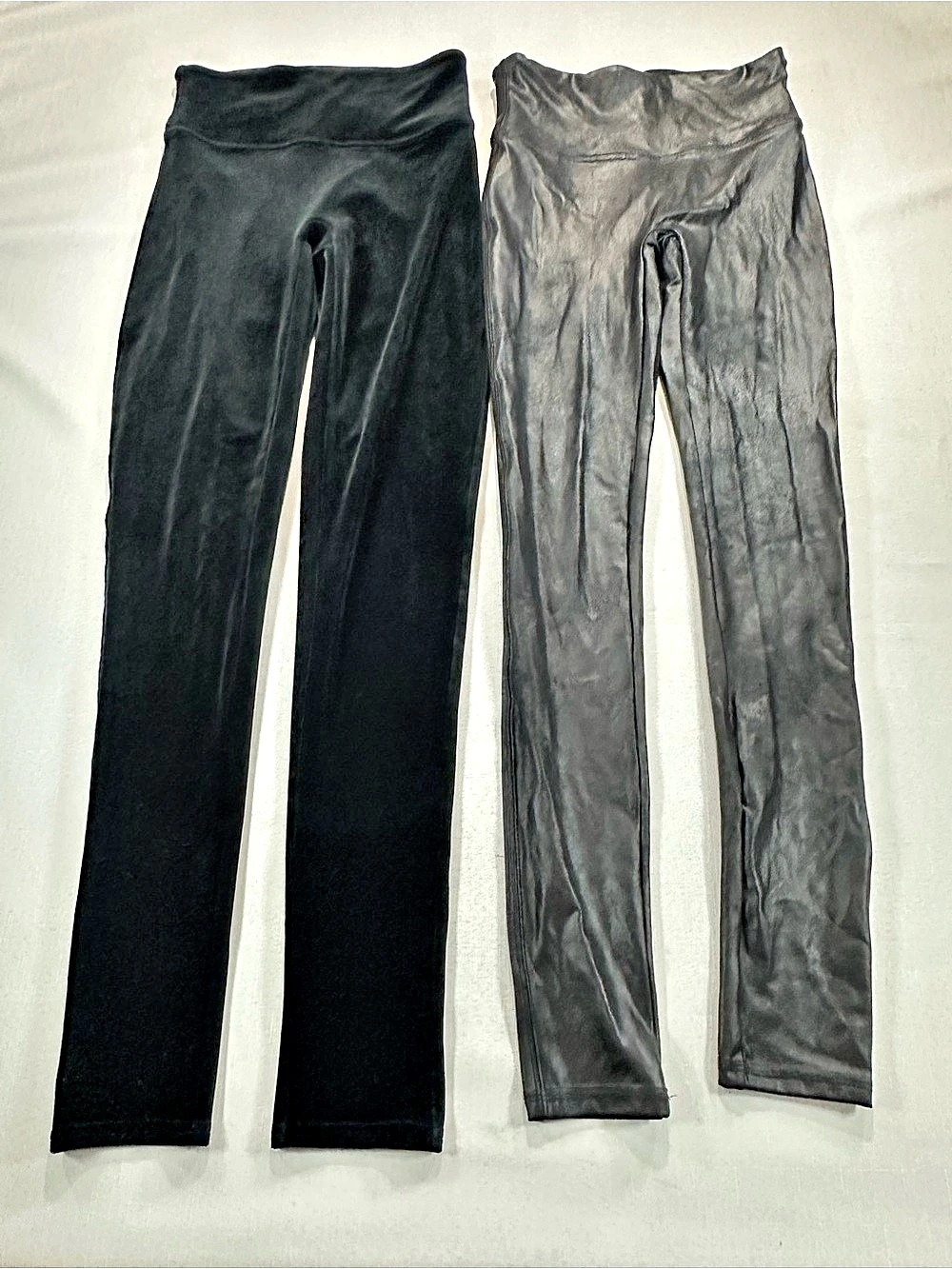 SPANX Leggings Bundle 2 Pair Black Velvet + Charcoal Faux Leather S/P